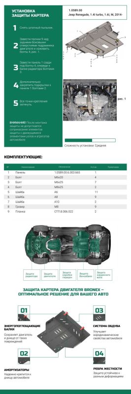 Bronex защита двигателя, КПП Jeep Renegade Standard