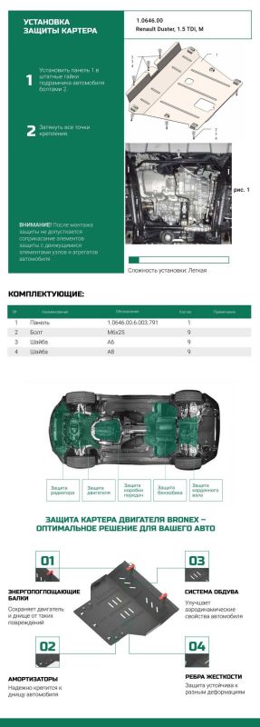 Bronex защита двигателя, КПП, радиатора Renault Duster 2009 Standard